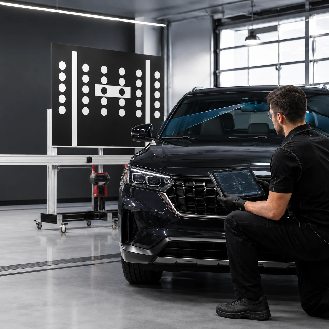 Technician performing ADAS windshield camera calibration in Phoenix, AZ